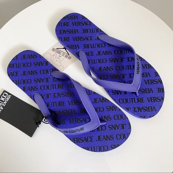 ⭕️ VERSACE JEANS Flip Flops Slides Slippers Logo Men’s Blue Black 10 43 - Picture 3 of 7